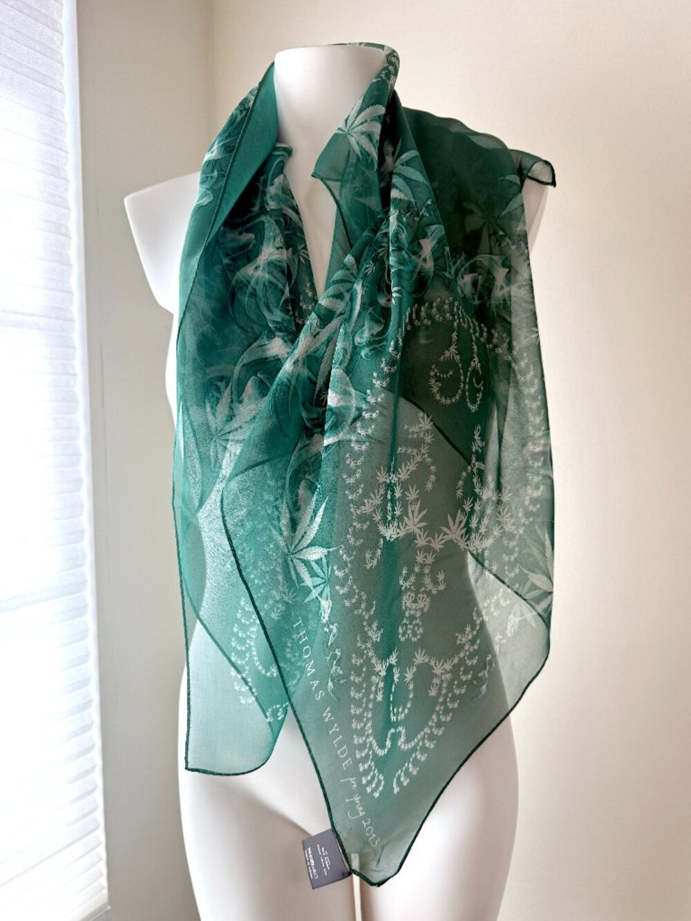 Authentic Thomas Wylde Green Marijuana Skull Silk Chiffon Scarf